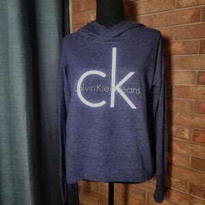Calvin-Klein Women's Heather Blue w/Logo Lightweight Relaxed-Fit Hoodie - Size S